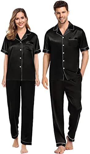 SWOMOG Couples Pajamas Sets Women & Men Satin Short Sleeve Sleepwear Button Down Loungewear Pjs Set with Long Pants Men Black Large